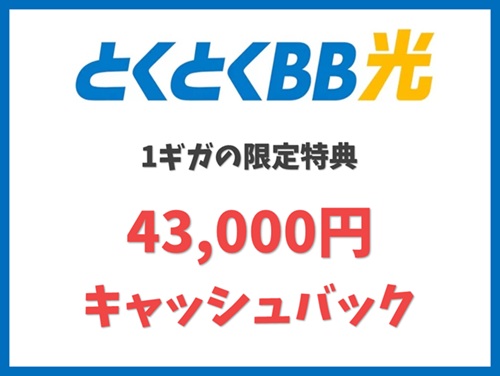 【1ギガ申込特典】43,000円の限定キャッシュバック