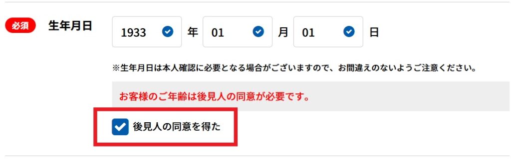 後見人の同意を得たにレ点を付ける